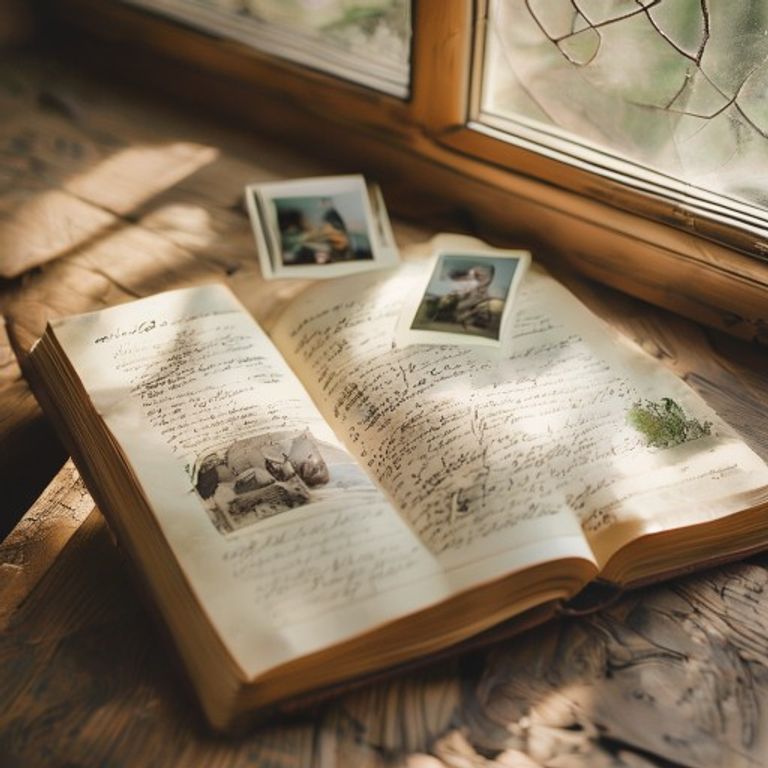 Open hardcover memory book with journal entries and polaroid photos